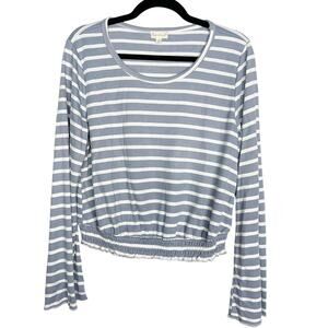 New Hem & Thread Large L Blue White Striped Long Bell Sleeve Cinch Hem Tee Top